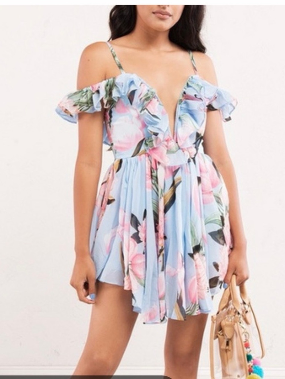 Luxxel‎ Floral Ruffle Romper Dress Blue Pink Cold Shoulder V-Neck Mini Small